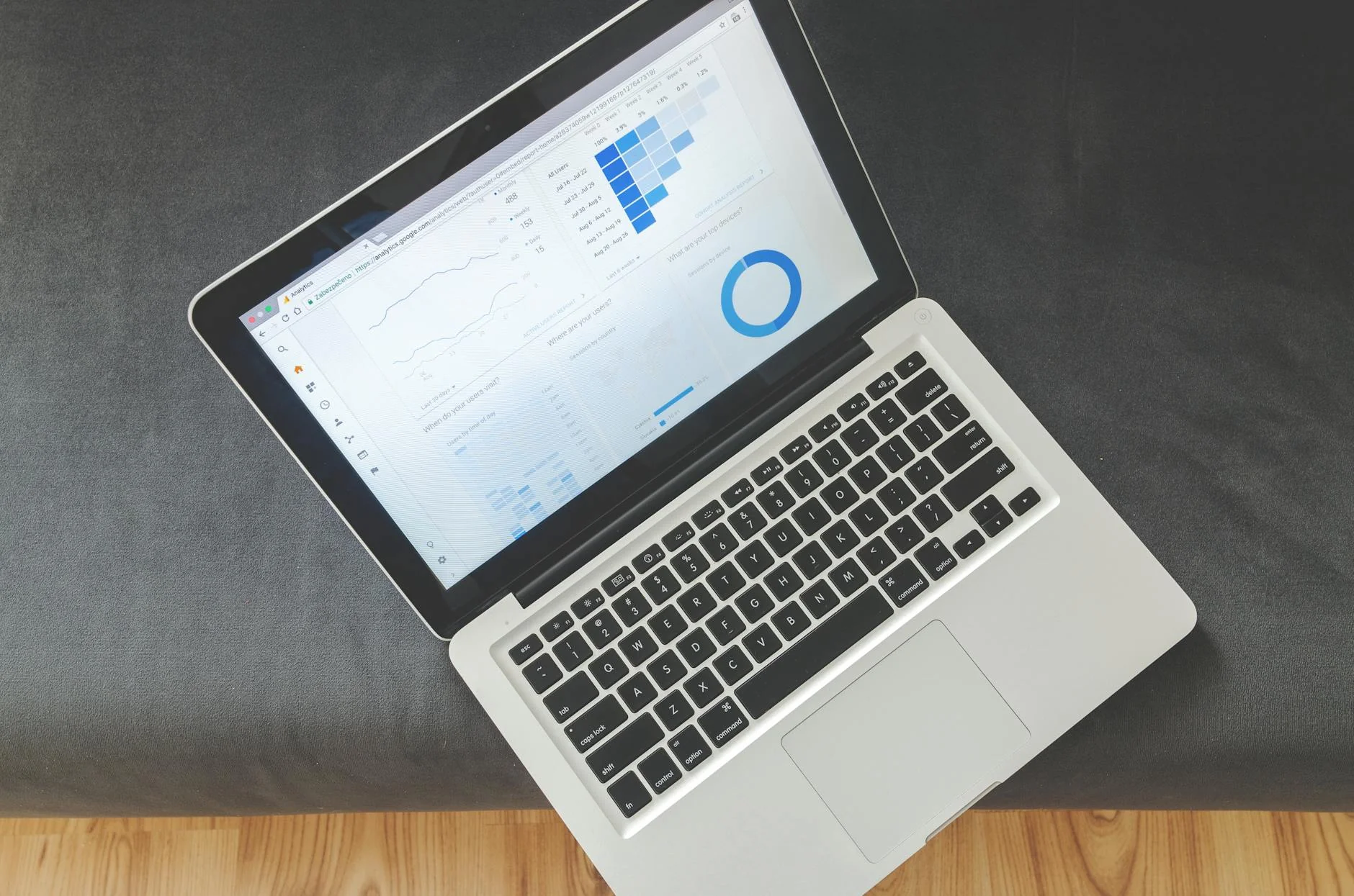 Analytics charts on a laptop and tablet illustrative graphic