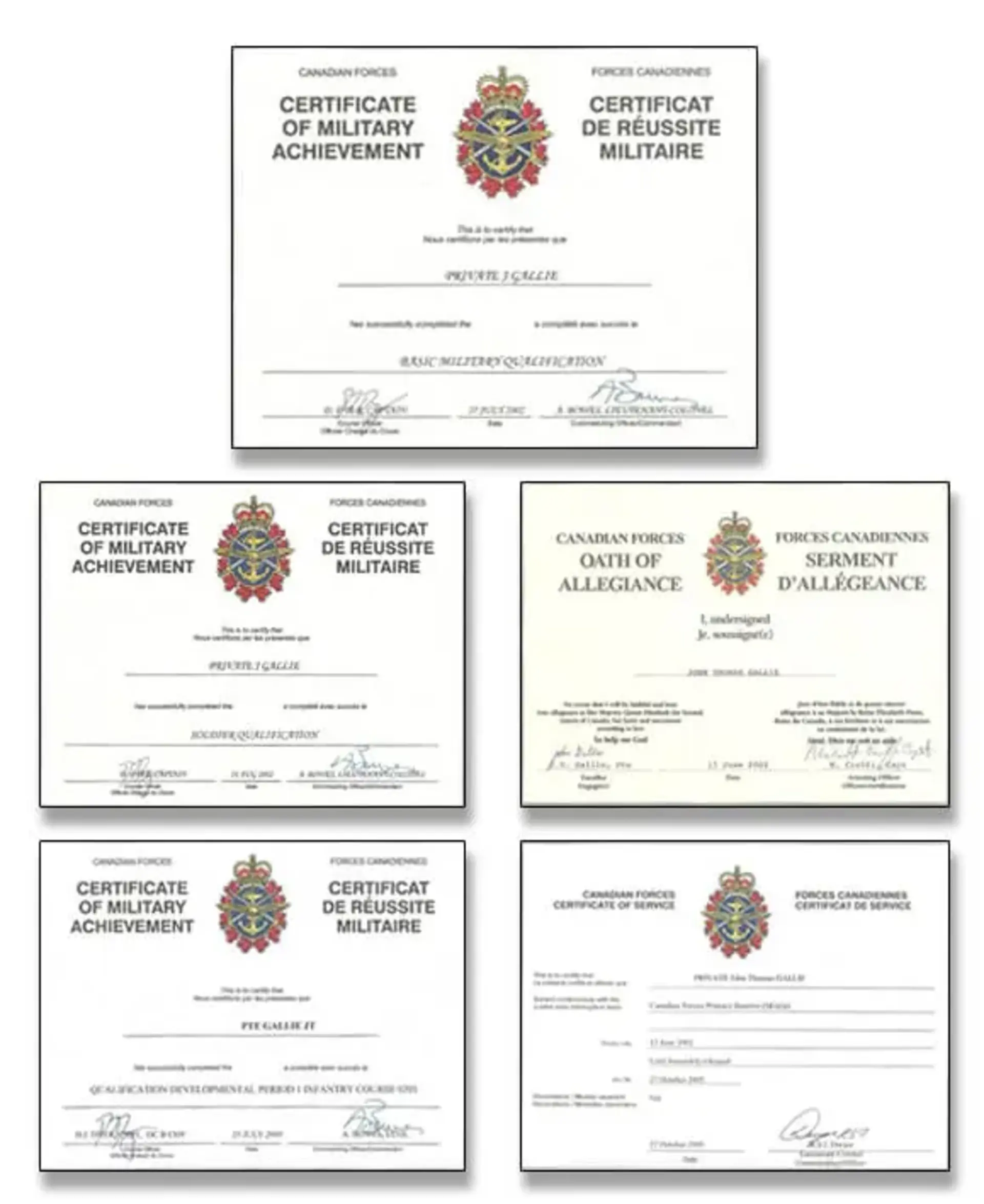 John Gallie's military service certificates and commendations - showcasing technical training and leadership skills that built JTG Systems foundation